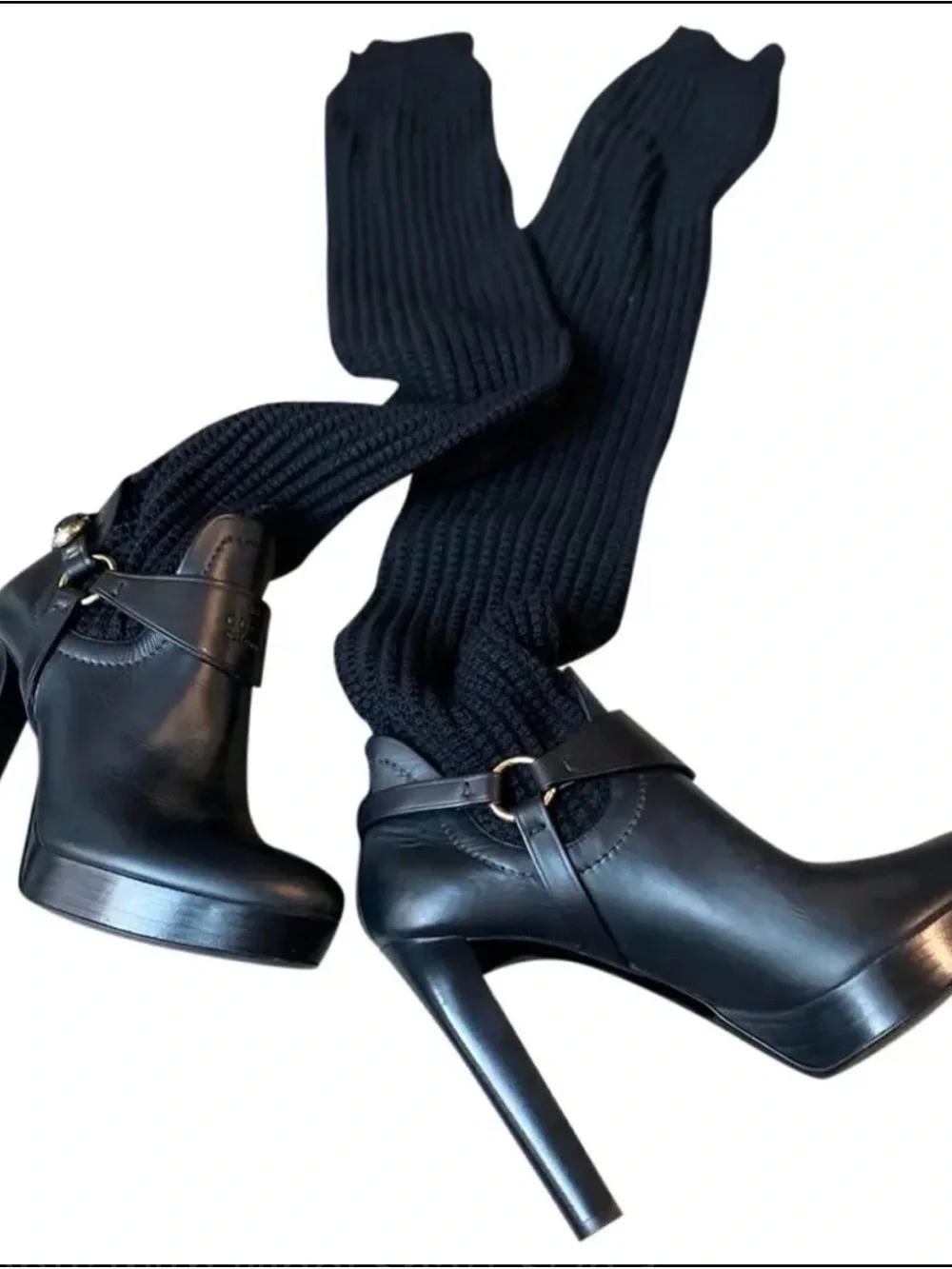 Gucci Black Leather Ankle Booties with Knit Cuff